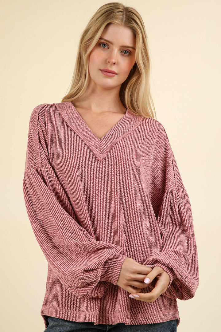 Two Tone Otto Ribbed V-Neck Oversized Knit Top