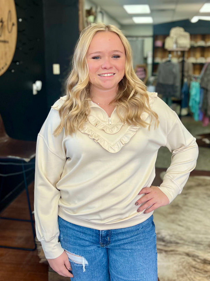 Cream Long Sleeve Top W/ Ruffle Details