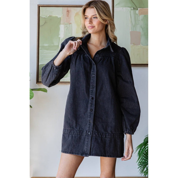 Smocked Shoulder Puff Sleeve Denim Shirt Dress