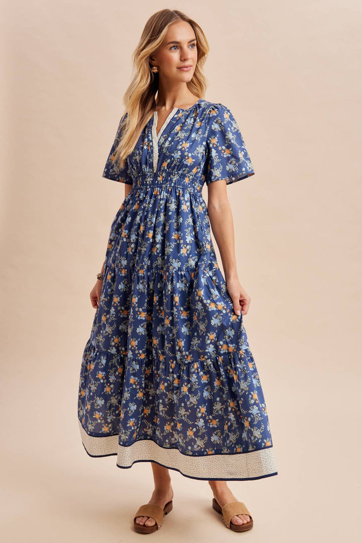 COTTON FLORAL BORDERED MAXI DRESS