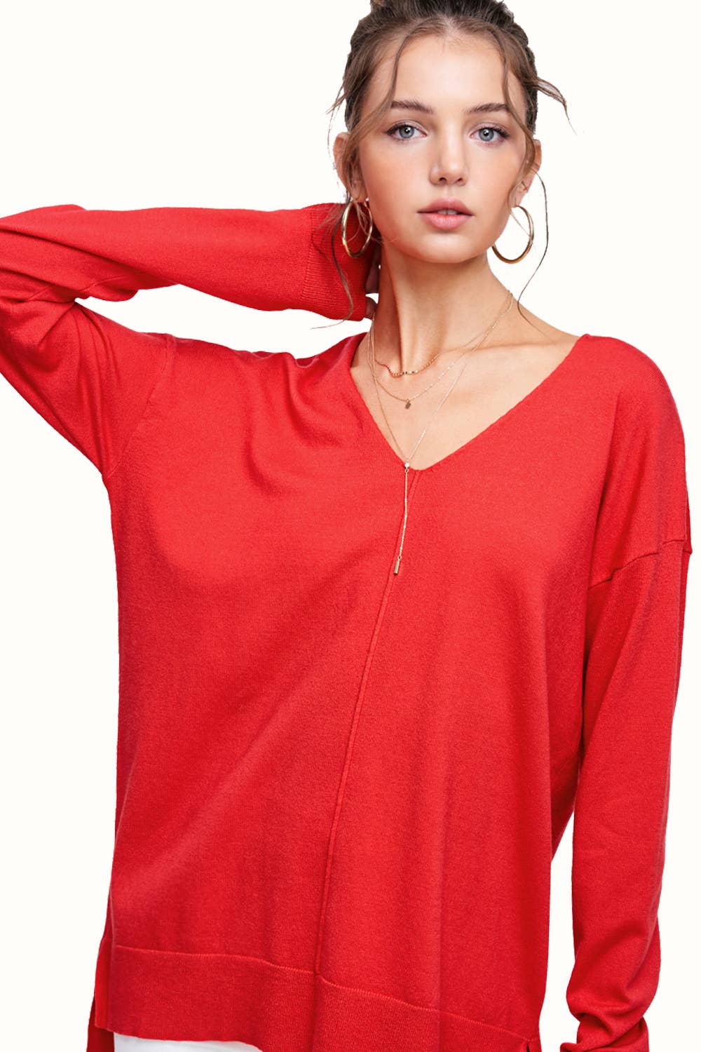 Stretchy V-neck Long Sleeve Lightweight Knit Top