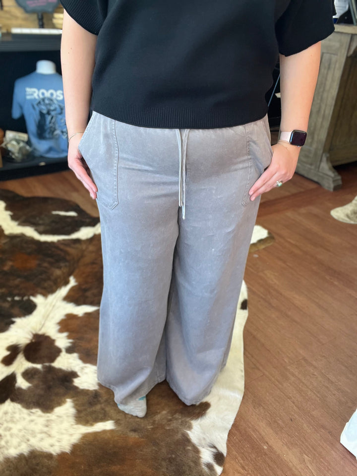 Drawstring Mineral Wash Wide Leg Pants