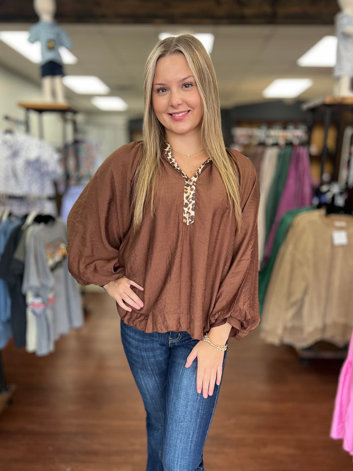 Brown Balloon Sleeve Blouse with Leopard Trim