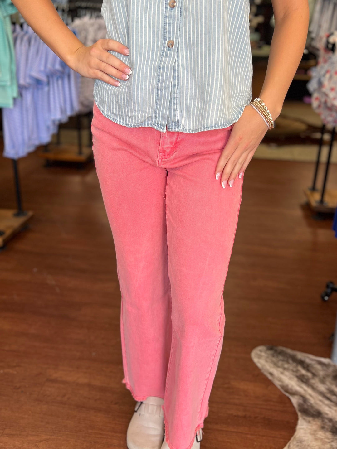 Ally Acid Washed High Waist Frayed Hem Flare Crop Pants