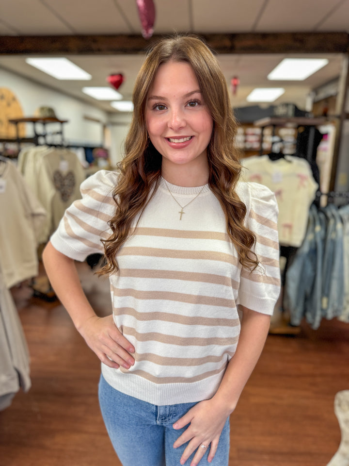 Cream Striped Short Sleeve Sweater Top