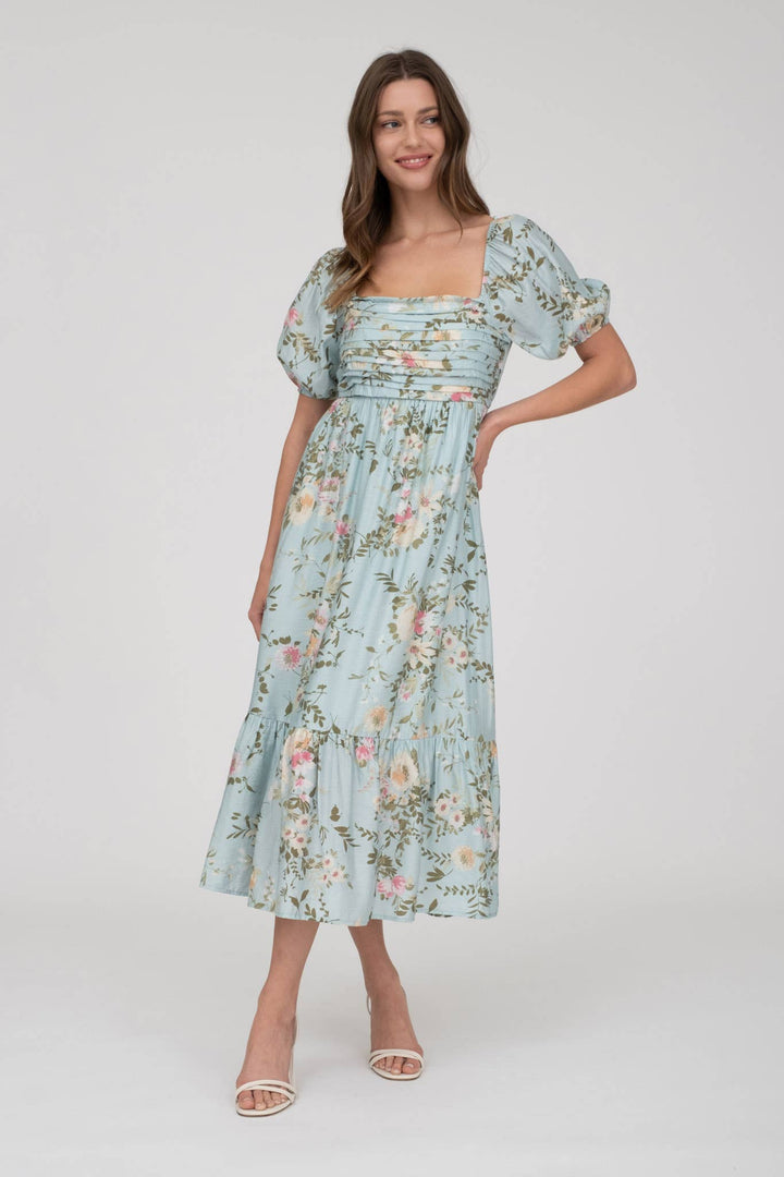 FINLEY FLORAL PLEATED FRONT BALLOON SLEEVE MIDI DRESS