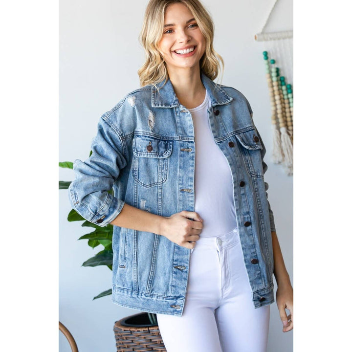 Plus Size Med Wash Distressed Classic Denim Jacket