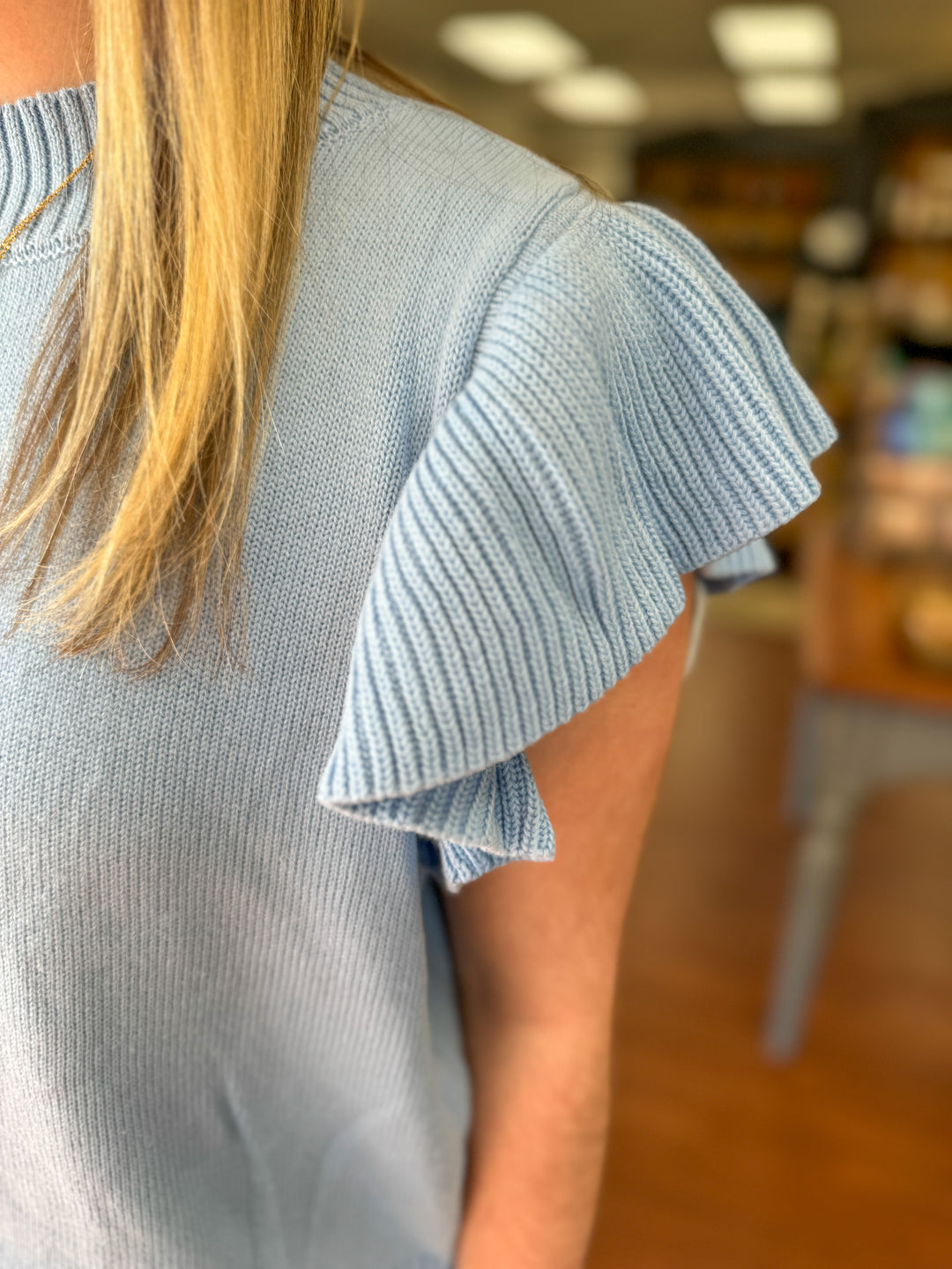 Powder Blue Ruffle Sleeve Sweater Top