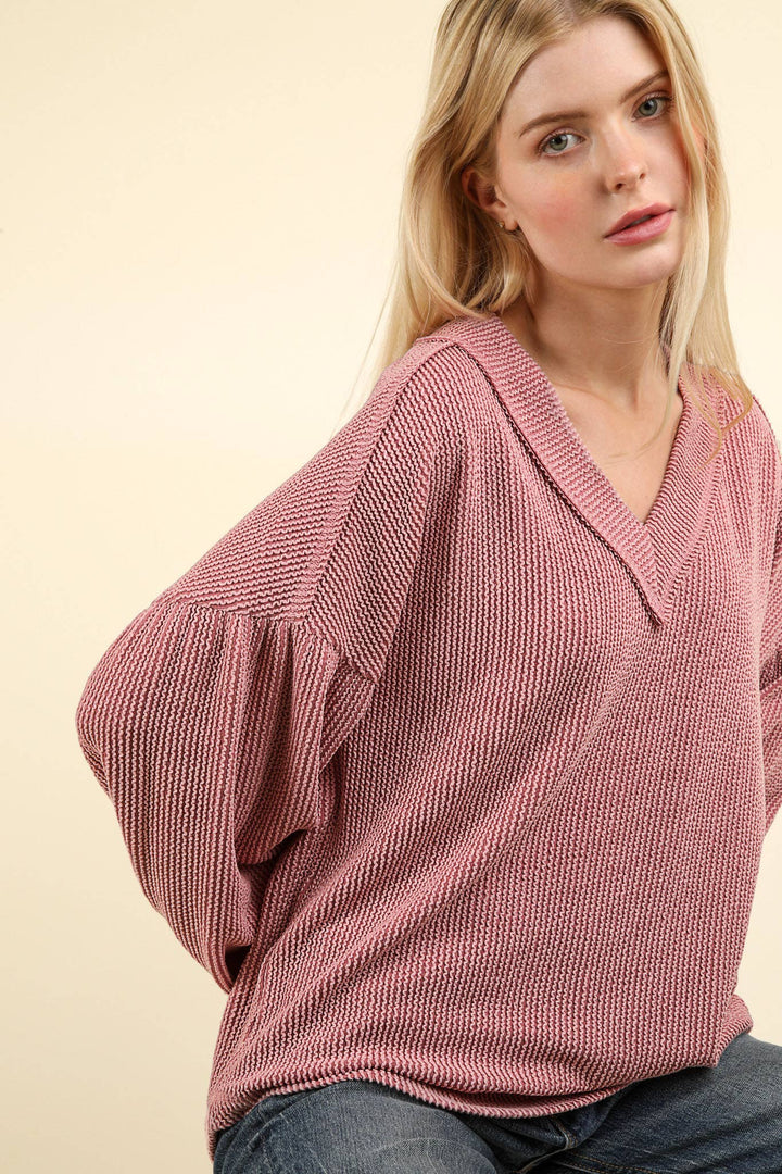 Two Tone Otto Ribbed V-Neck Oversized Knit Top