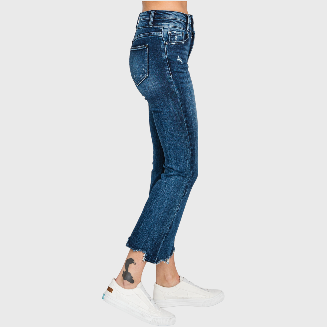 PETRA HIGH RISE CROP BOOTCUT JEANS W/ FRAYED HEM