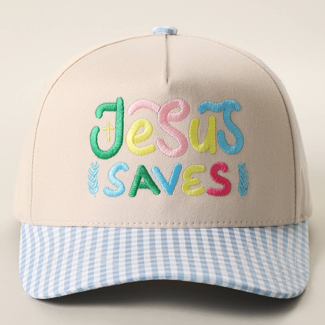 JESUS SAVES Embroidered Gingham Brim Trucker Hat