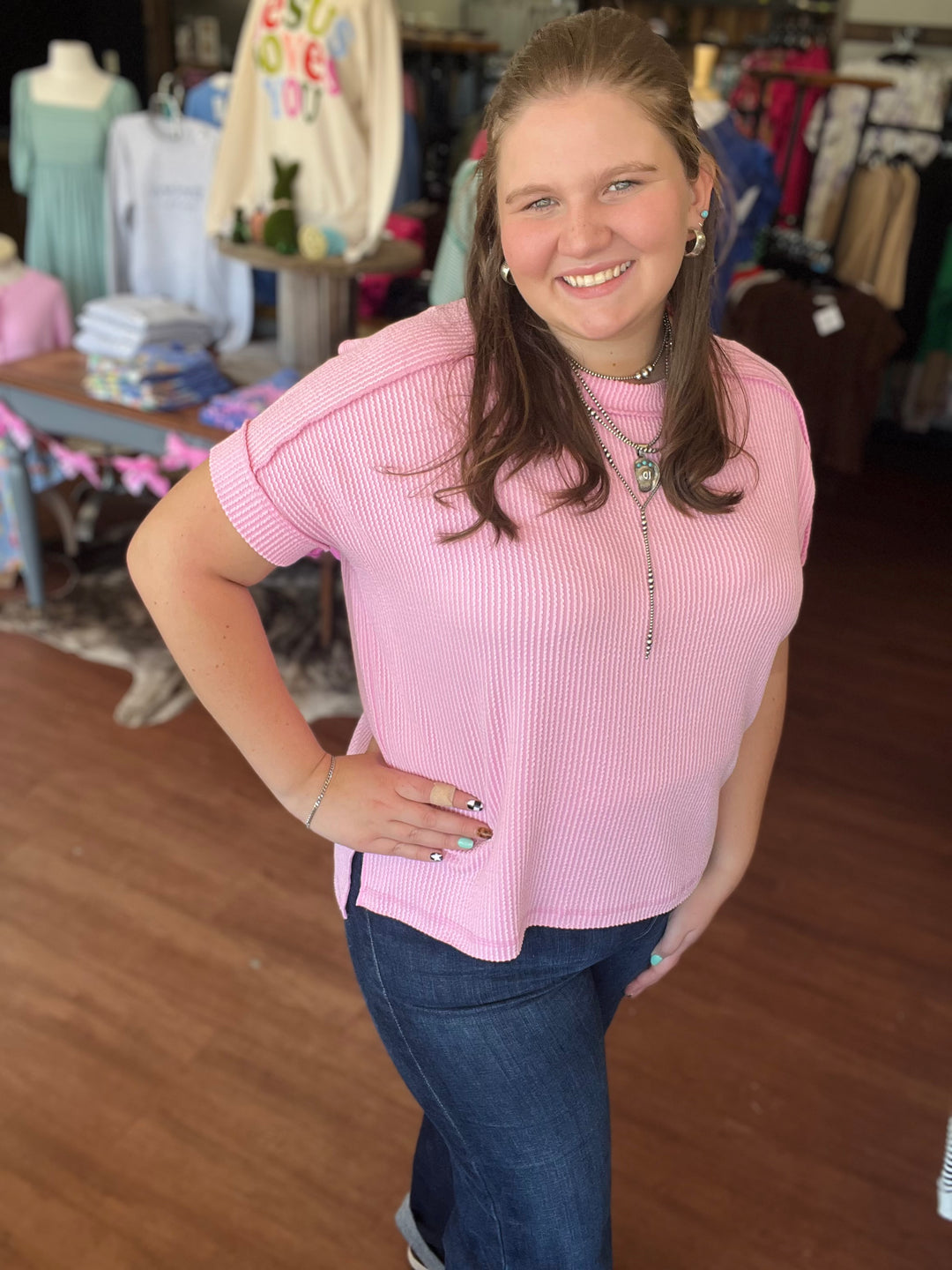 Carrie Corded Rib Cuff Sleeve Raw Edge Top