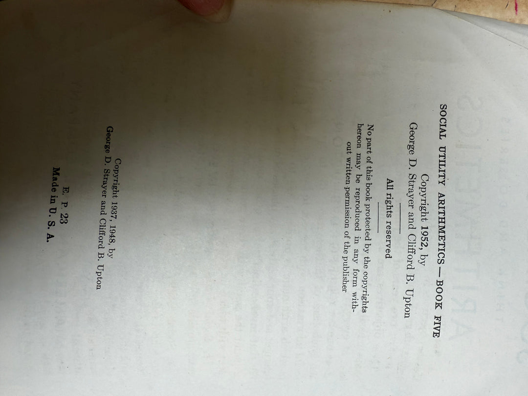 Social Utility Arithmetic stamped Juliette Jr High, Jones Co 1952