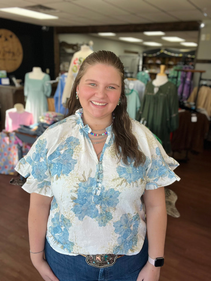 Blue Floral Button Up Blouse Top