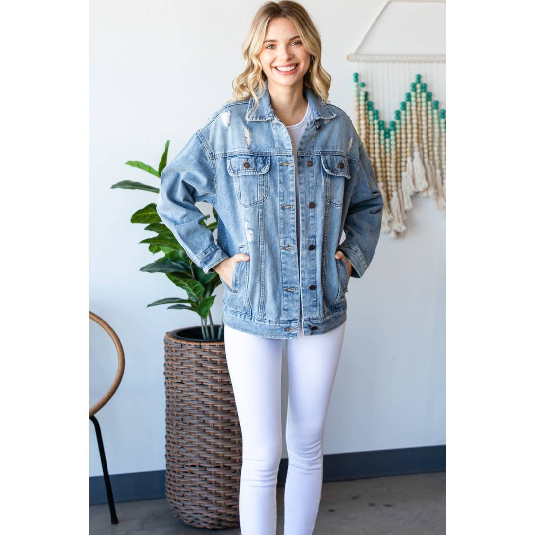 Plus Size Med Wash Distressed Classic Denim Jacket