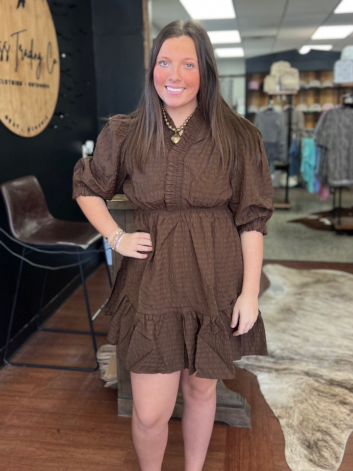 Ila Ruffle Trim Brown Babydoll Dress