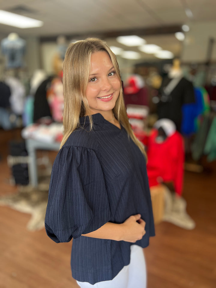 Navy Textured Puff Sleeve Blouse