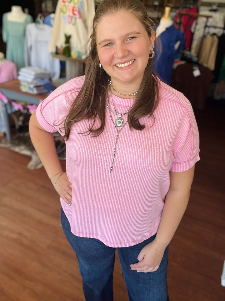 Carrie Corded Rib Cuff Sleeve Raw Edge Top