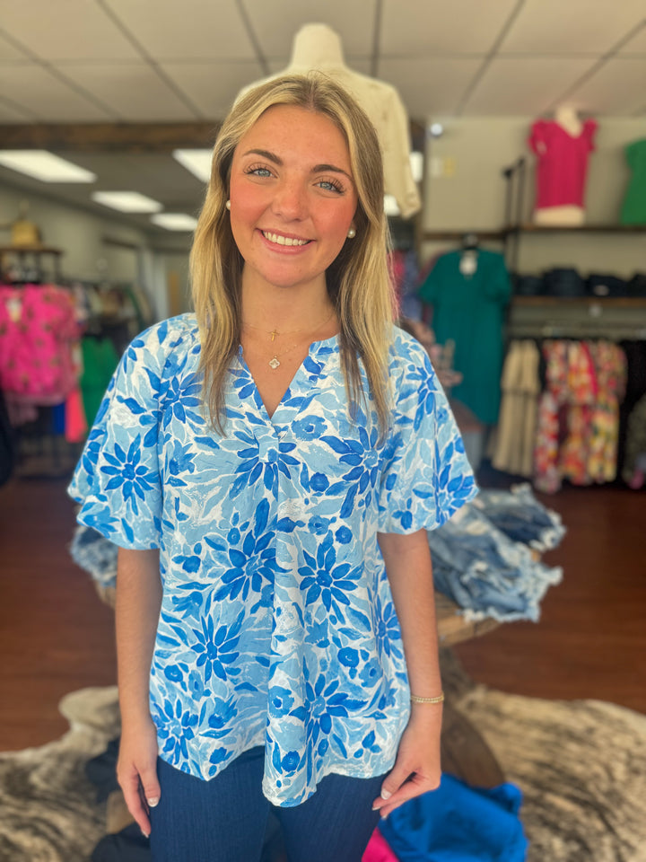 Blue Watercolor Floral Top