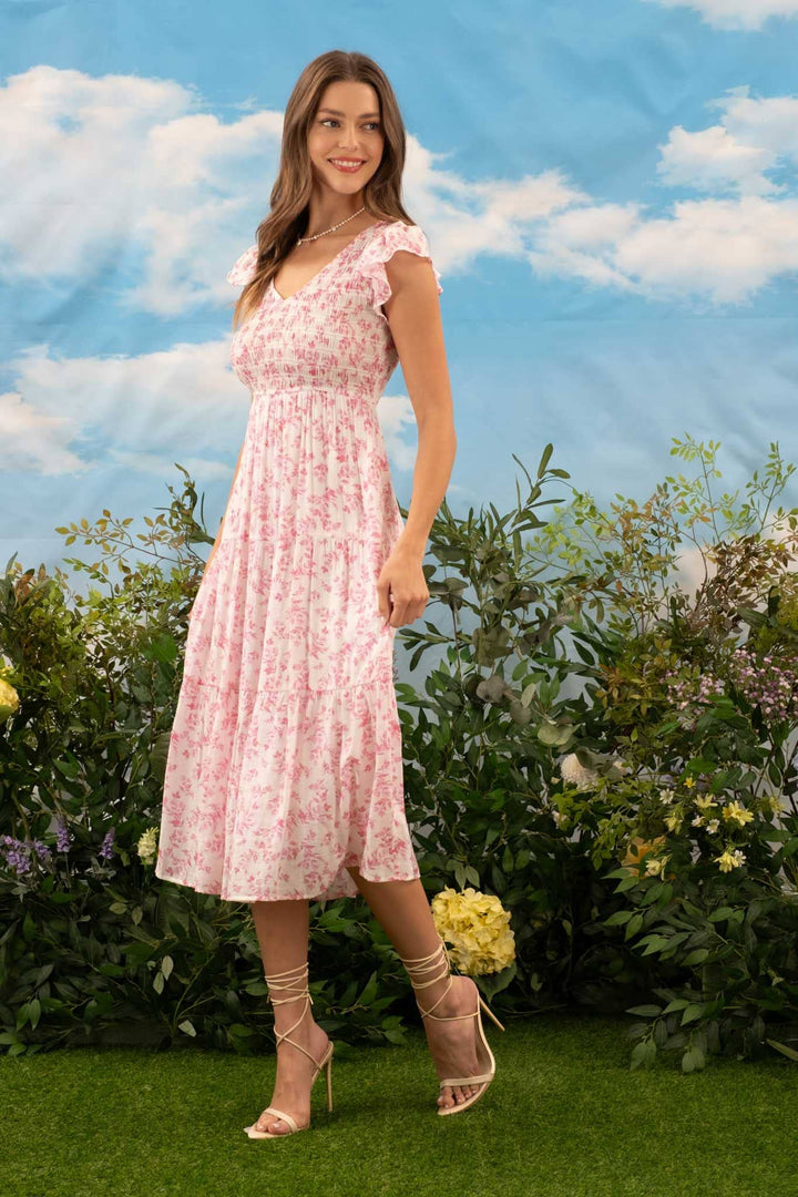 MARYANN FLORAL V NECK SMOCKED SHORT SLEEVE MIDI DRESS