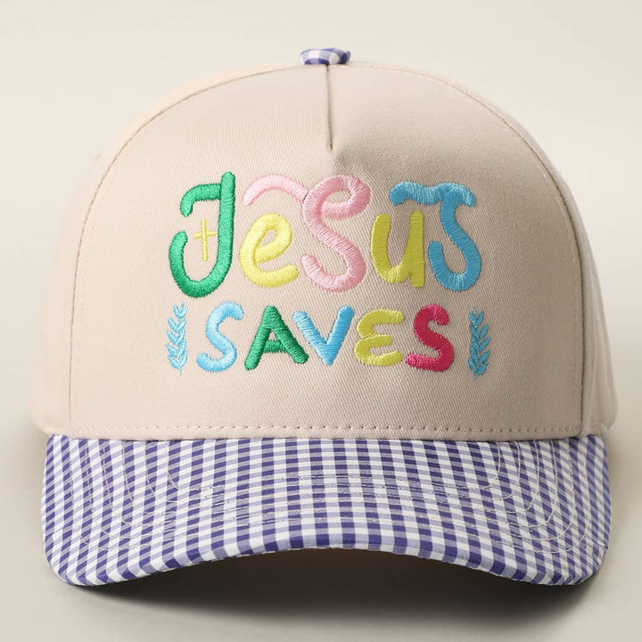 JESUS SAVES Embroidered Gingham Brim Trucker Hat