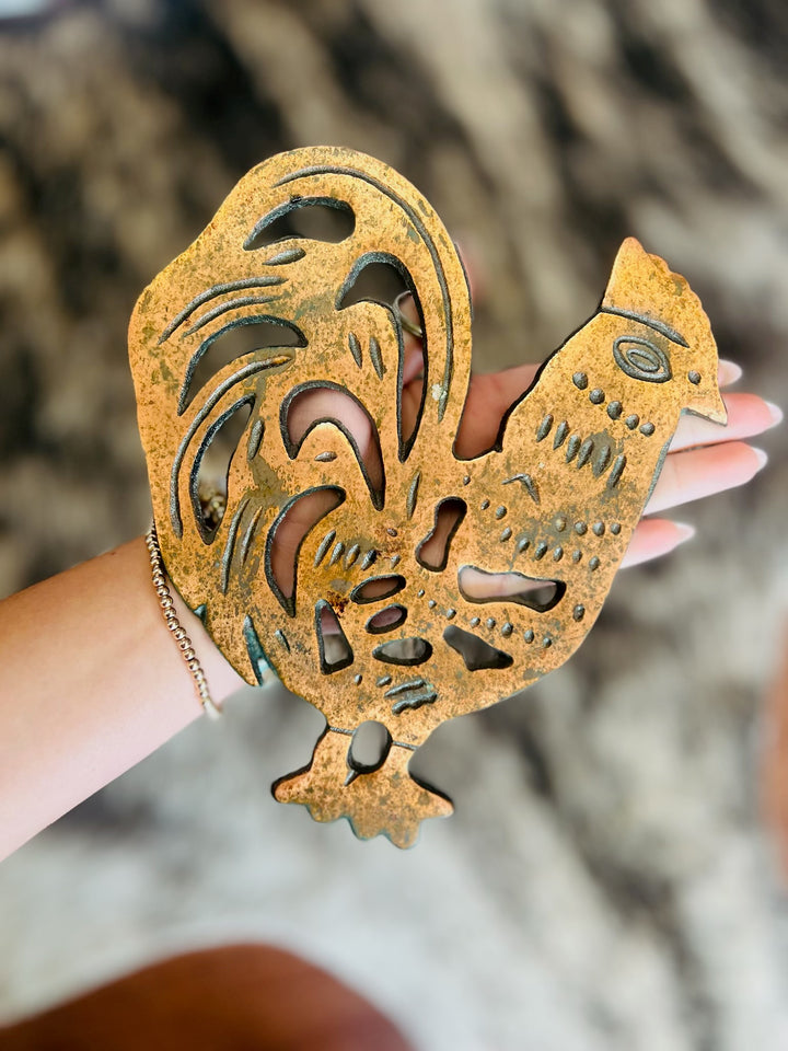 Vintage Rooster Cast Iron Copper Trivet