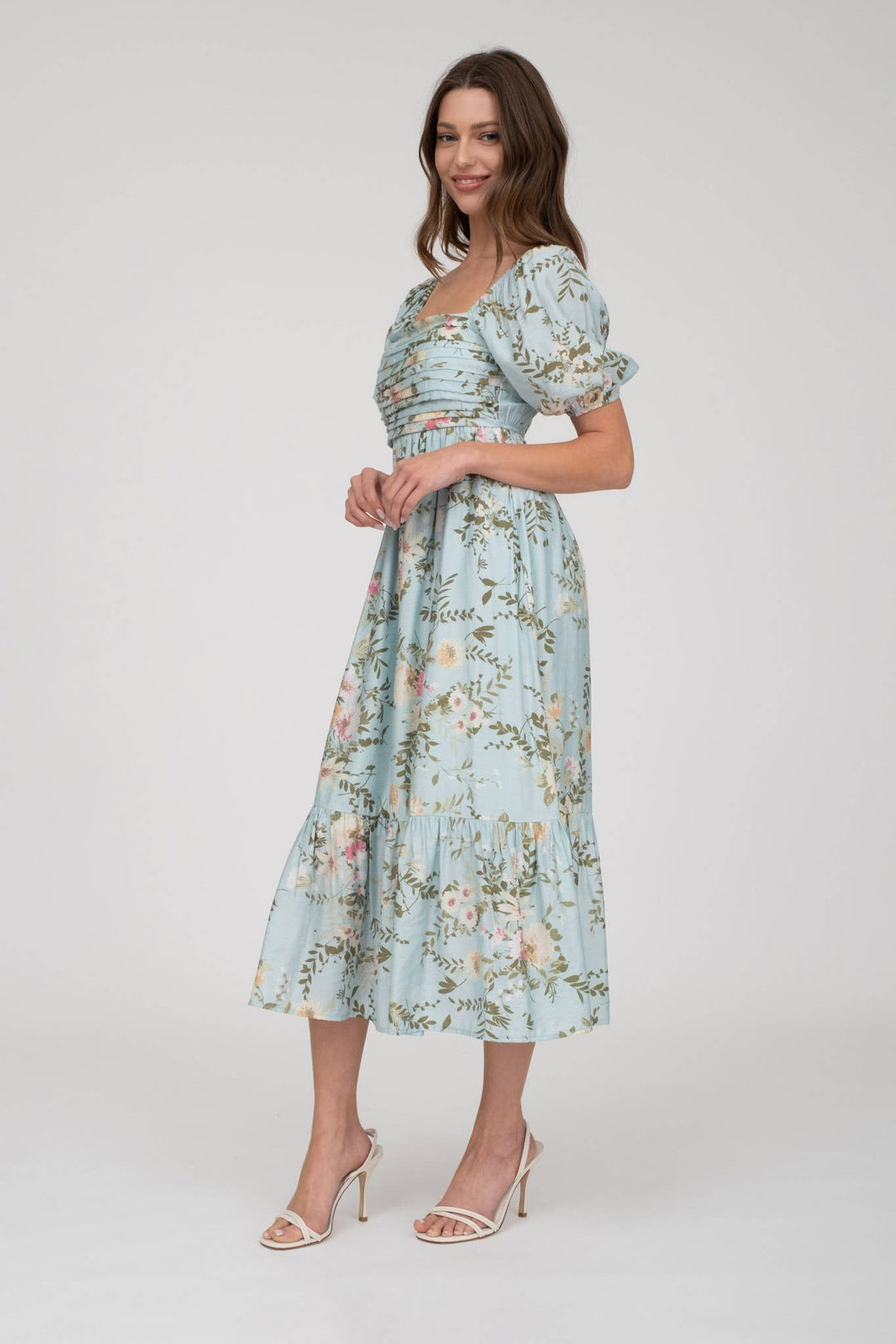 FINLEY FLORAL PLEATED FRONT BALLOON SLEEVE MIDI DRESS