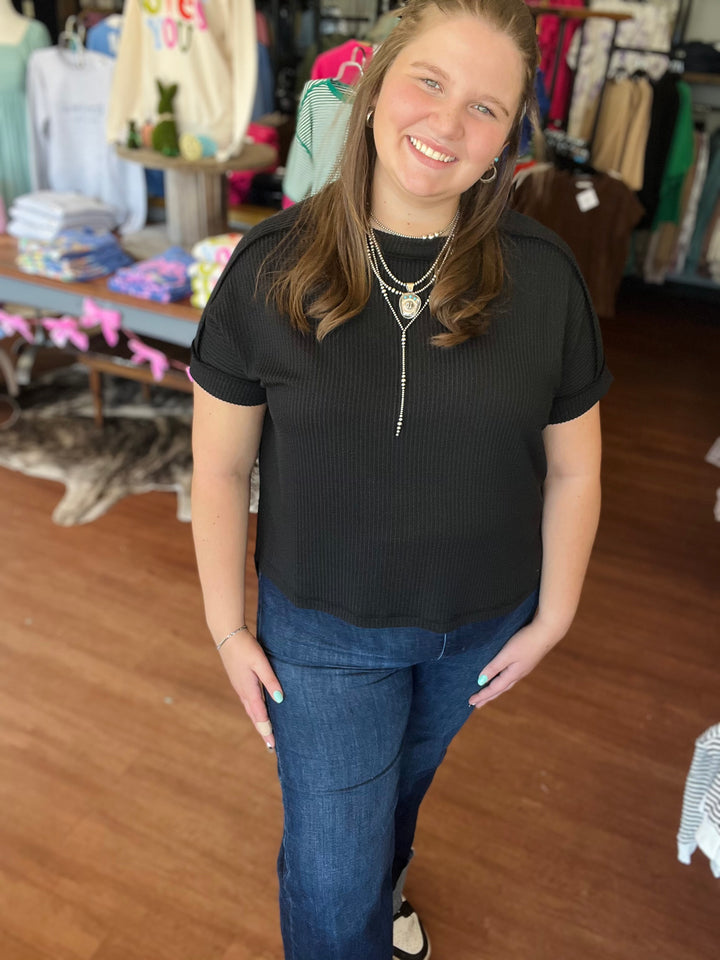 Carrie Corded Rib Cuff Sleeve Raw Edge Top