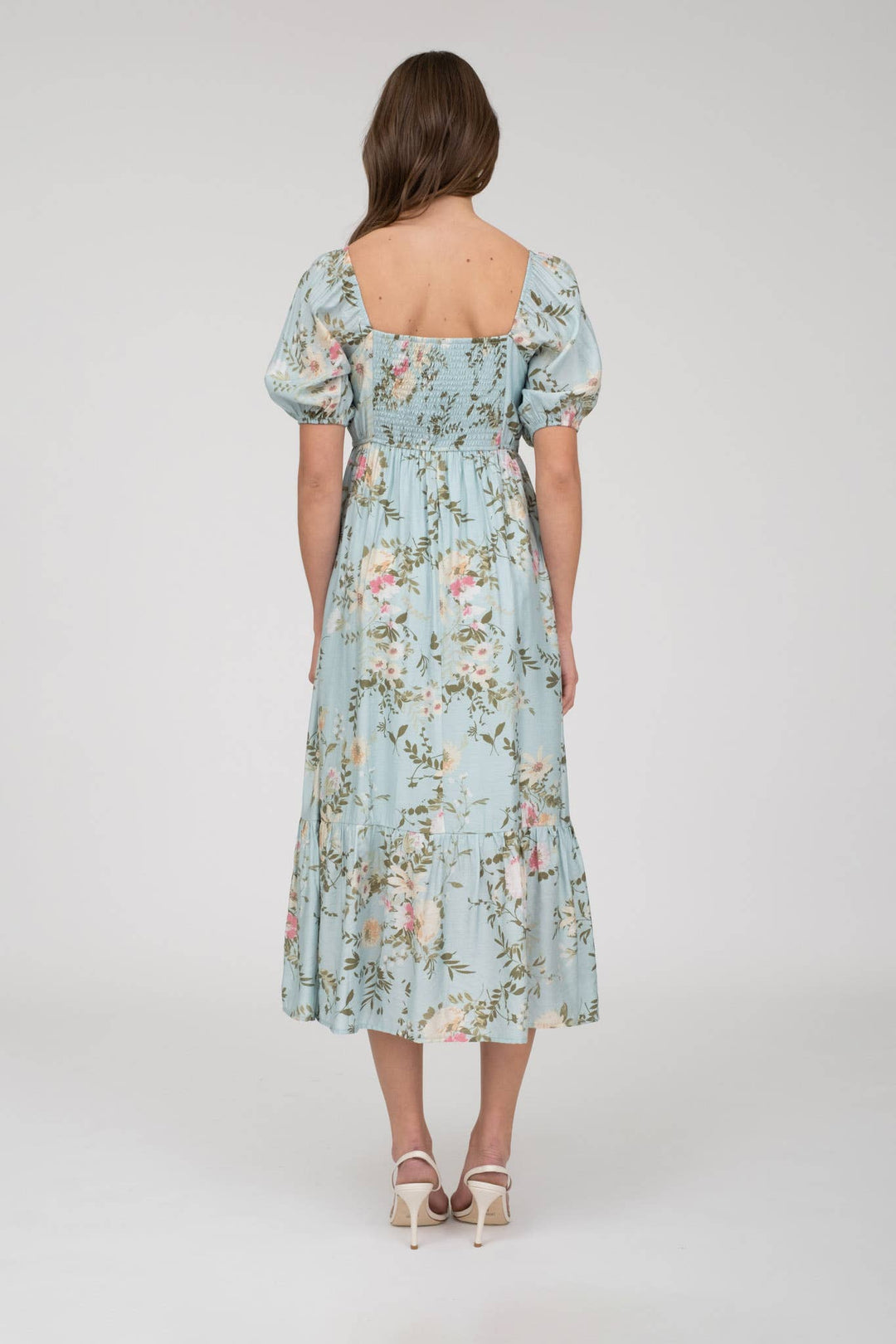 FINLEY FLORAL PLEATED FRONT BALLOON SLEEVE MIDI DRESS