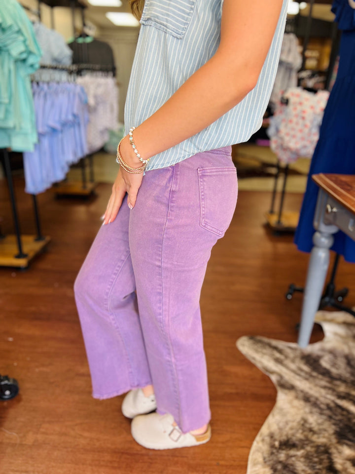 Ally Acid Washed High Waist Frayed Hem Flare Crop Pants