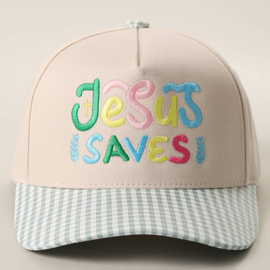 JESUS SAVES Embroidered Gingham Brim Trucker Hat