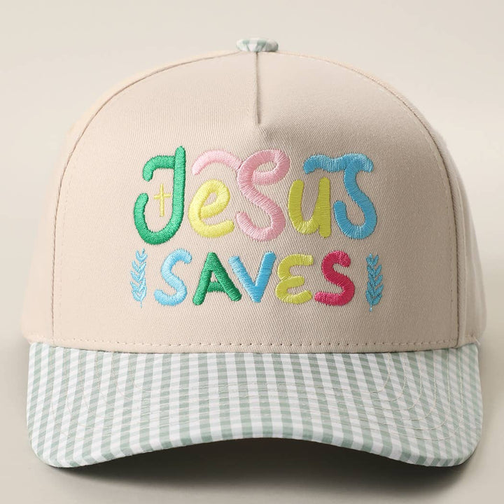 JESUS SAVES Embroidered Gingham Brim Trucker Hat