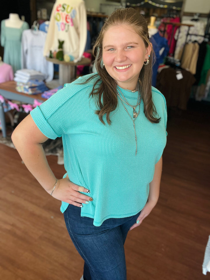 Carrie Corded Rib Cuff Sleeve Raw Edge Top