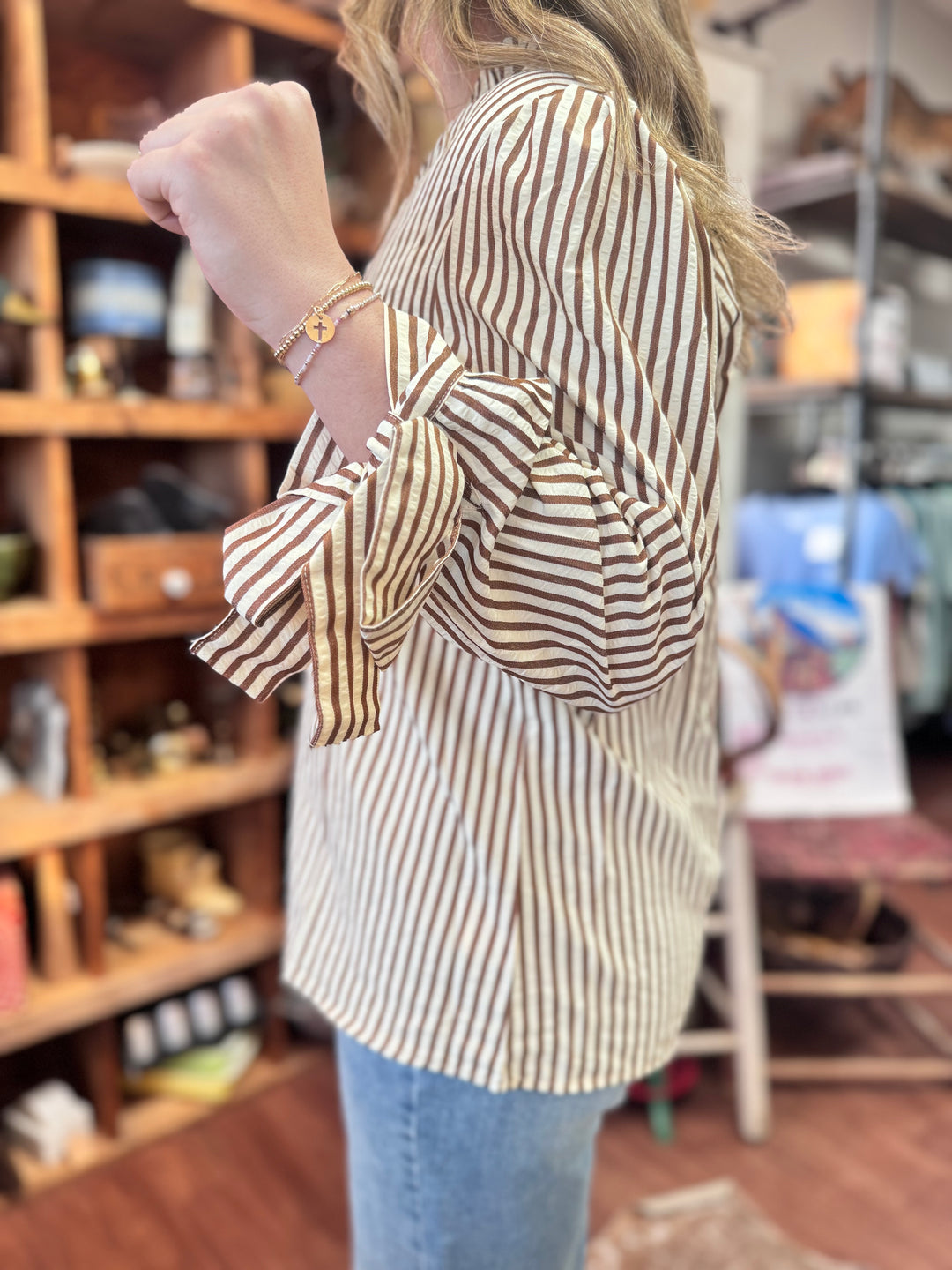 Striped VNeck Knot Bracelet Sleeve Blouse