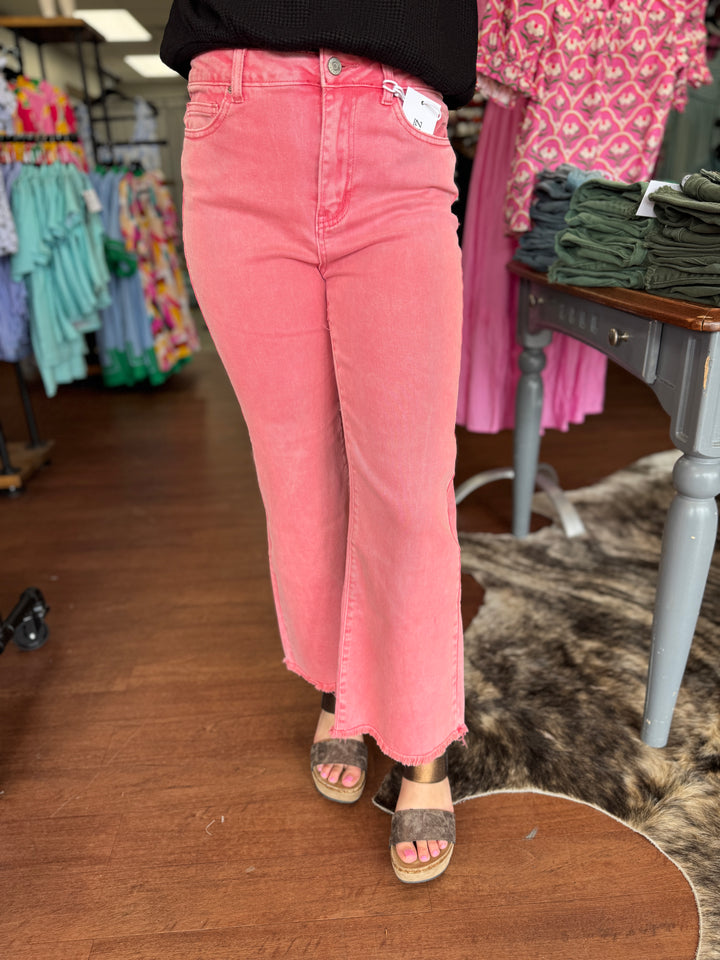 Ally Acid Washed High Waist Frayed Hem Flare Crop Pants