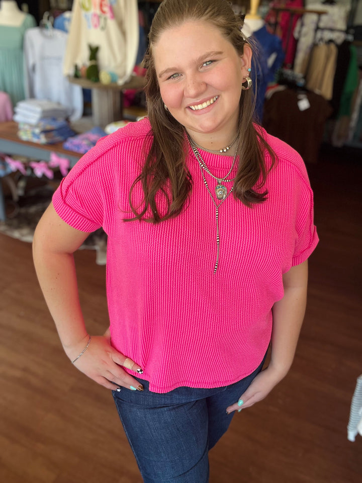 Carrie Corded Rib Cuff Sleeve Raw Edge Top