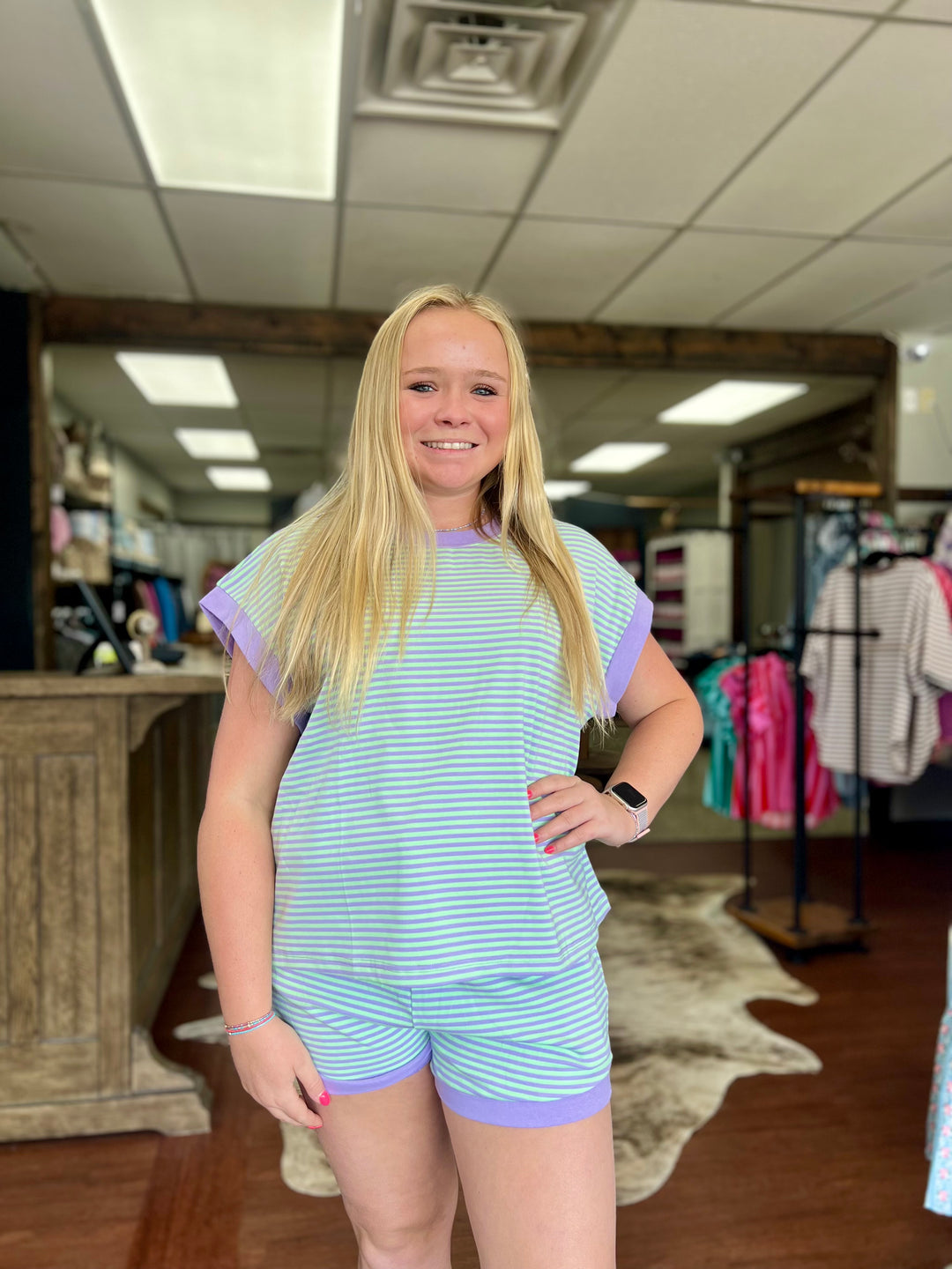 Striped Knit Top and Shorts Lounge Set