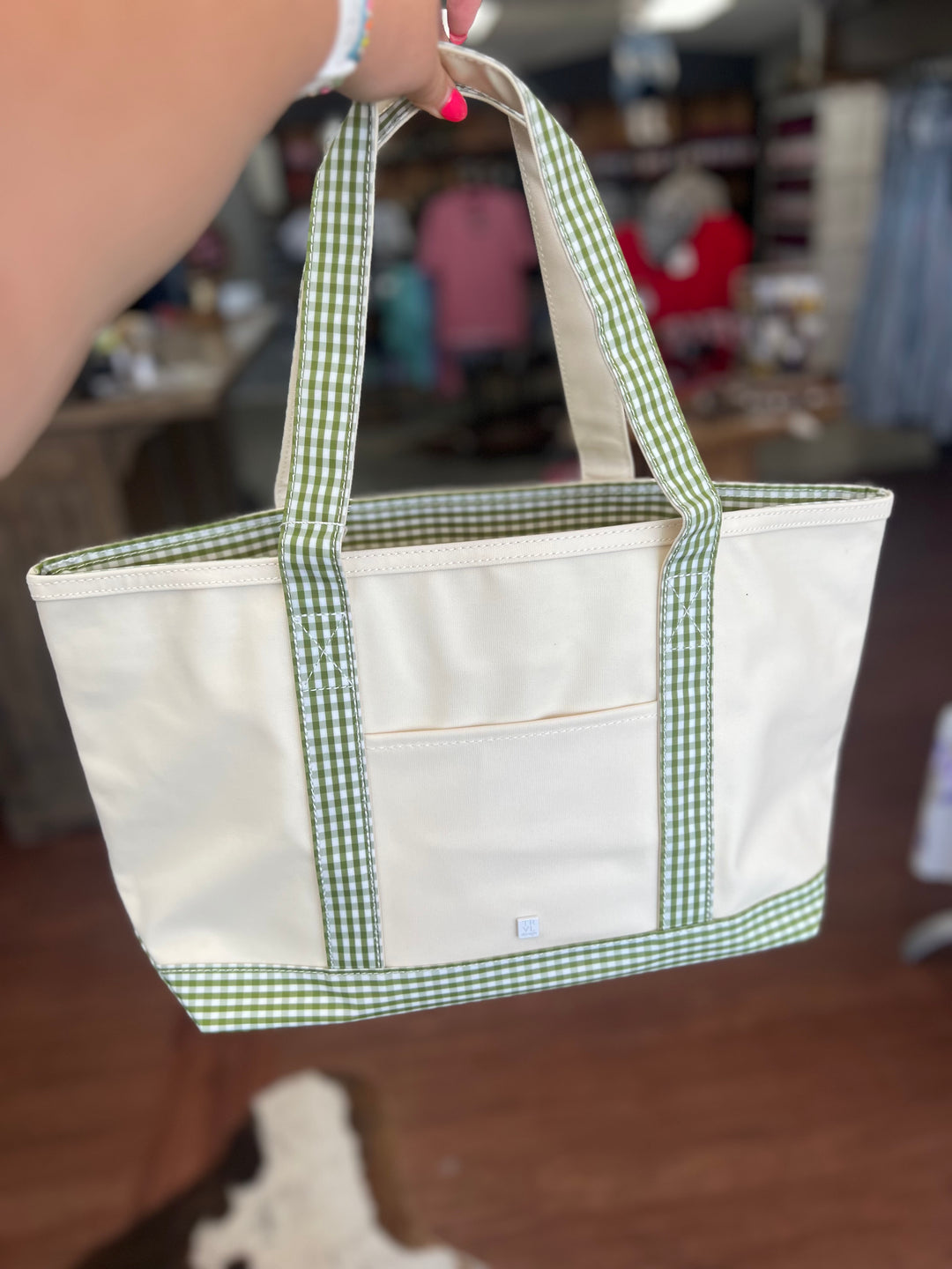 TRVL MEDIUM TOTE - COATED CANVAS NATURAL with GINGHAM MOSS TRIM