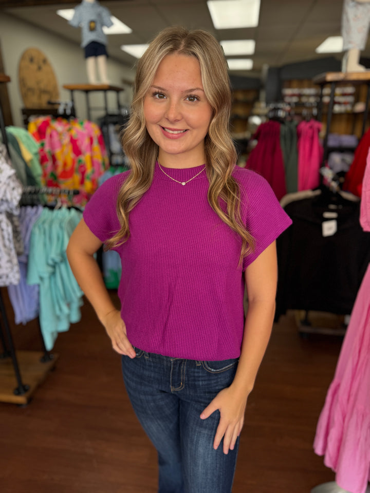 ROUND NECK BANDED BOTTON SHORT SLEEVE SWEATER TOP