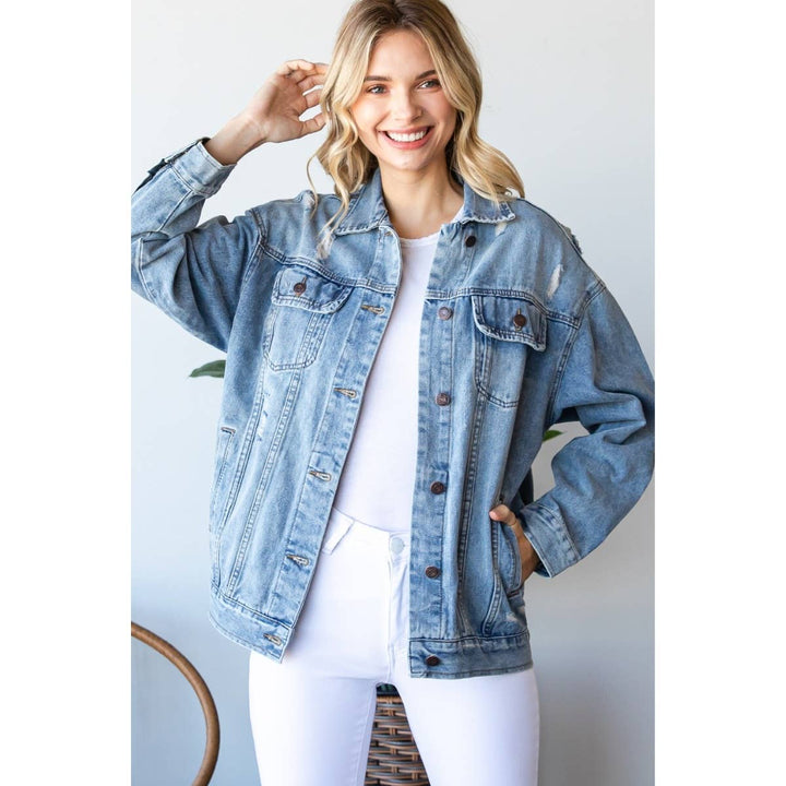 Plus Size Med Wash Distressed Classic Denim Jacket