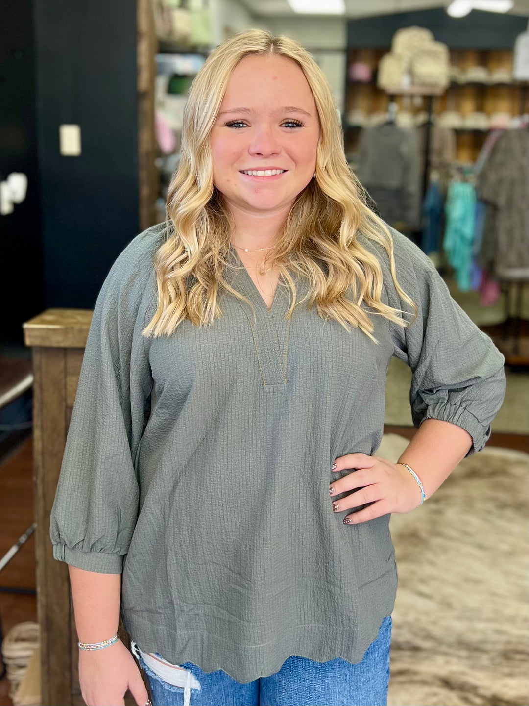 Scallop Hem Balloon Sleeve Blouse Top