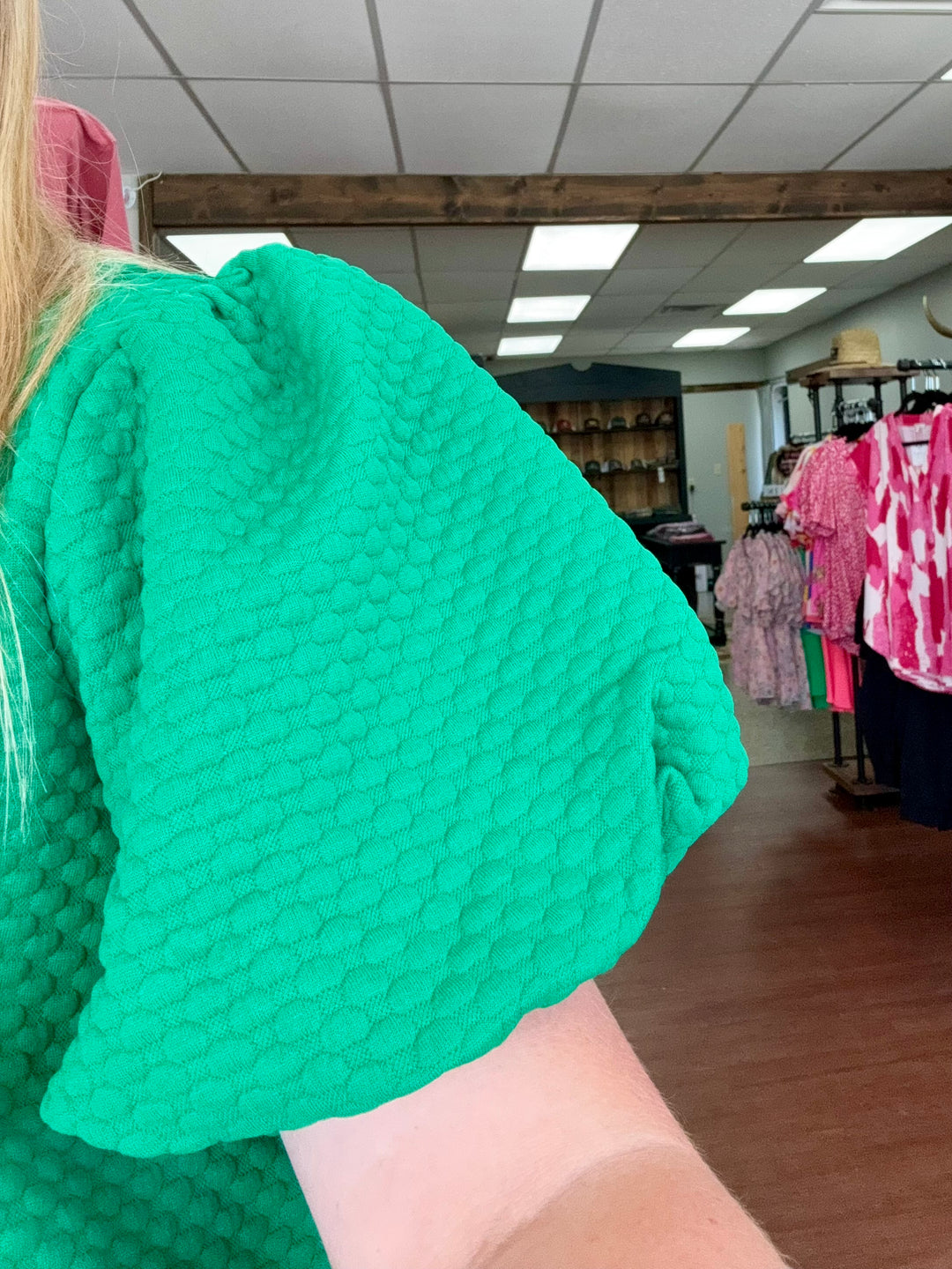 Green Quilted Puff Sleeve Top