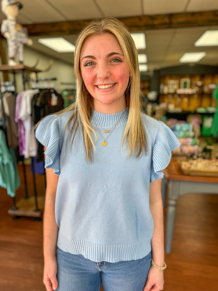 Powder Blue Ruffle Sleeve Sweater Top