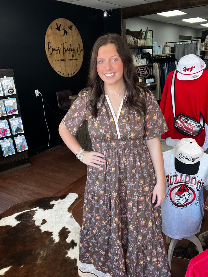 COTTON FLORAL BORDERED MAXI DRESS