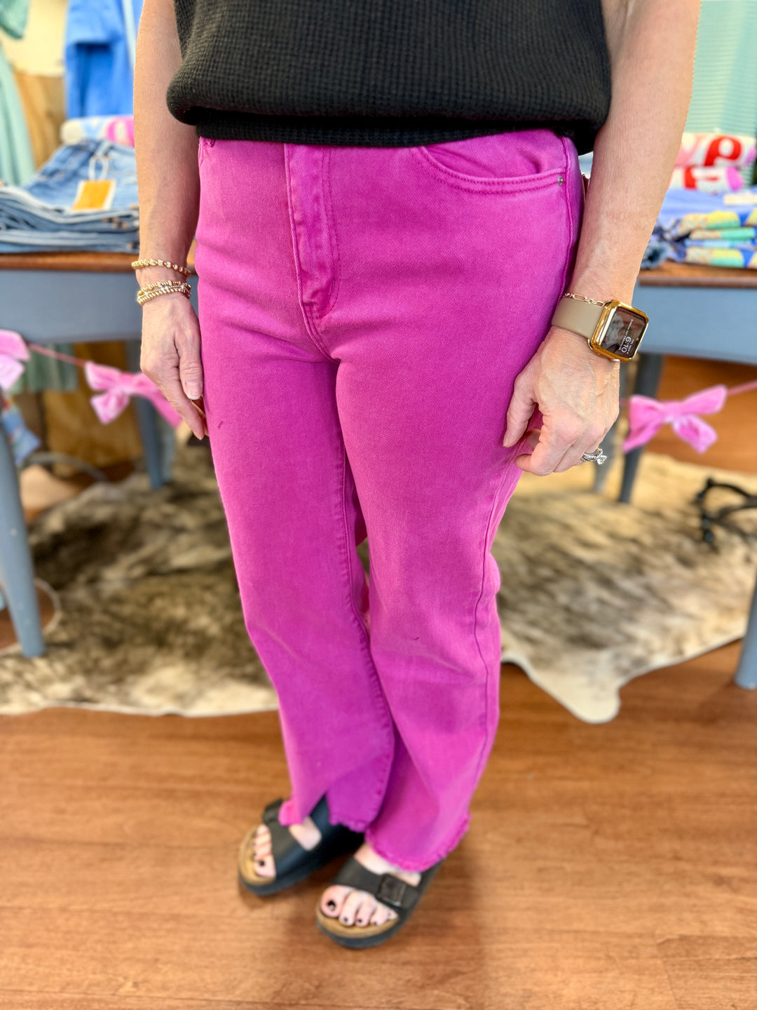 Ally Acid Washed High Waist Frayed Hem Flare Crop Pants