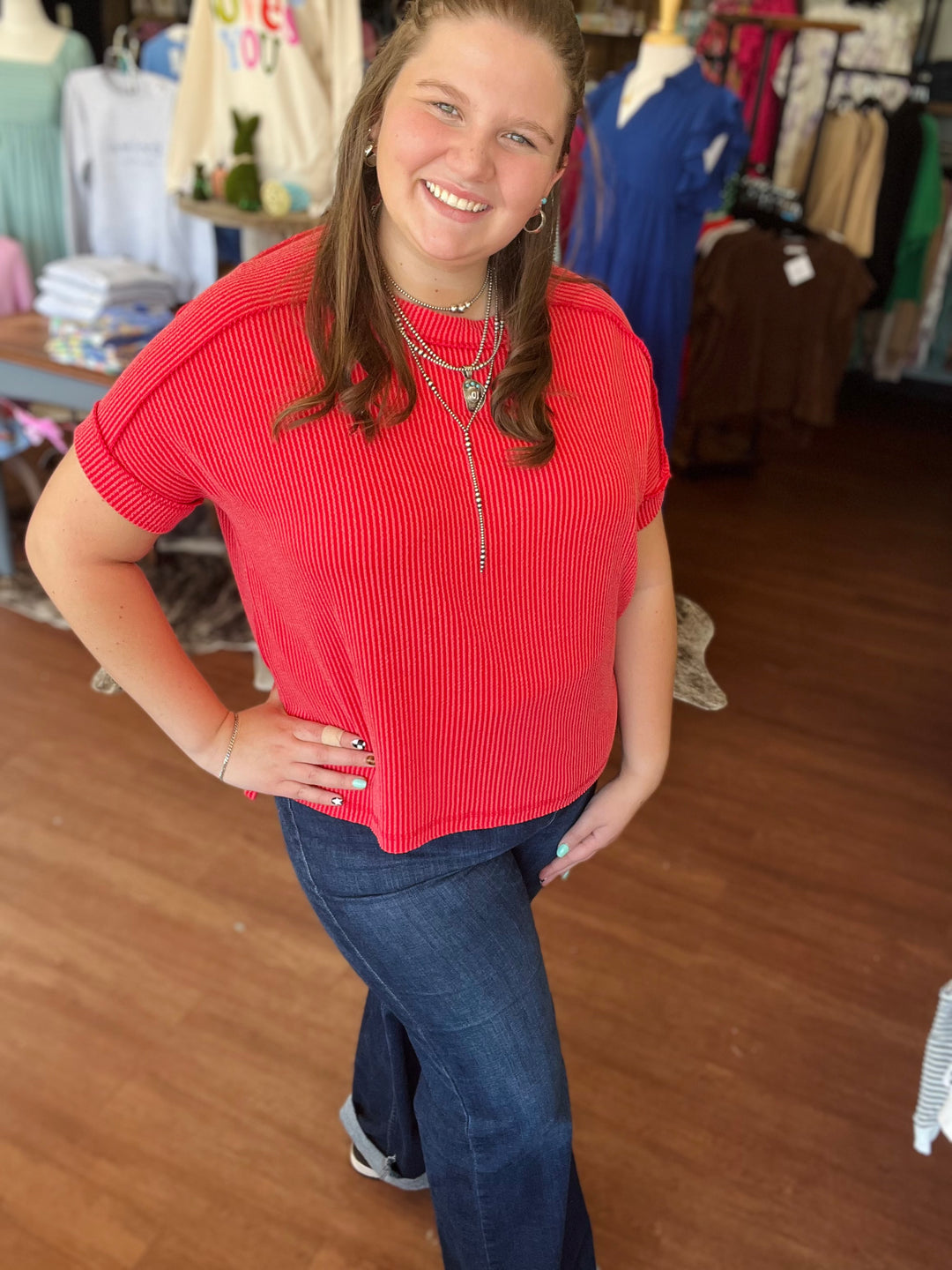 Carrie Corded Rib Cuff Sleeve Raw Edge Top