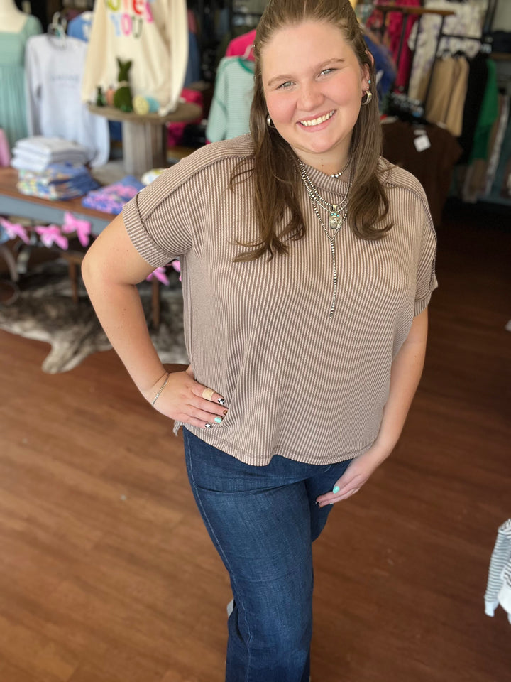 Carrie Corded Rib Cuff Sleeve Raw Edge Top