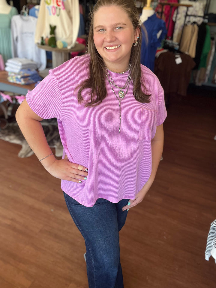 Callie Corded Rib Short Sleeve Pocket Top