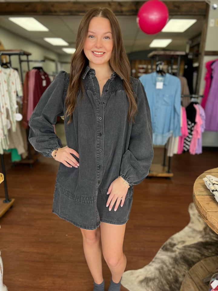 Smocked Shoulder Puff Sleeve Denim Shirt Dress