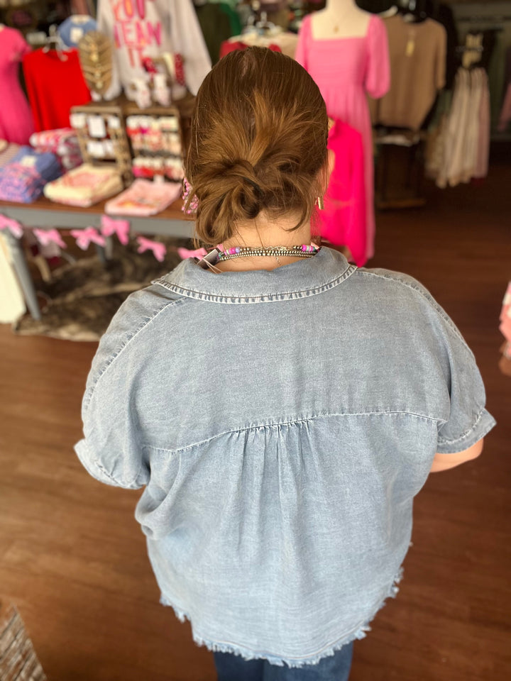 Frayed Trim Denim Button Top
